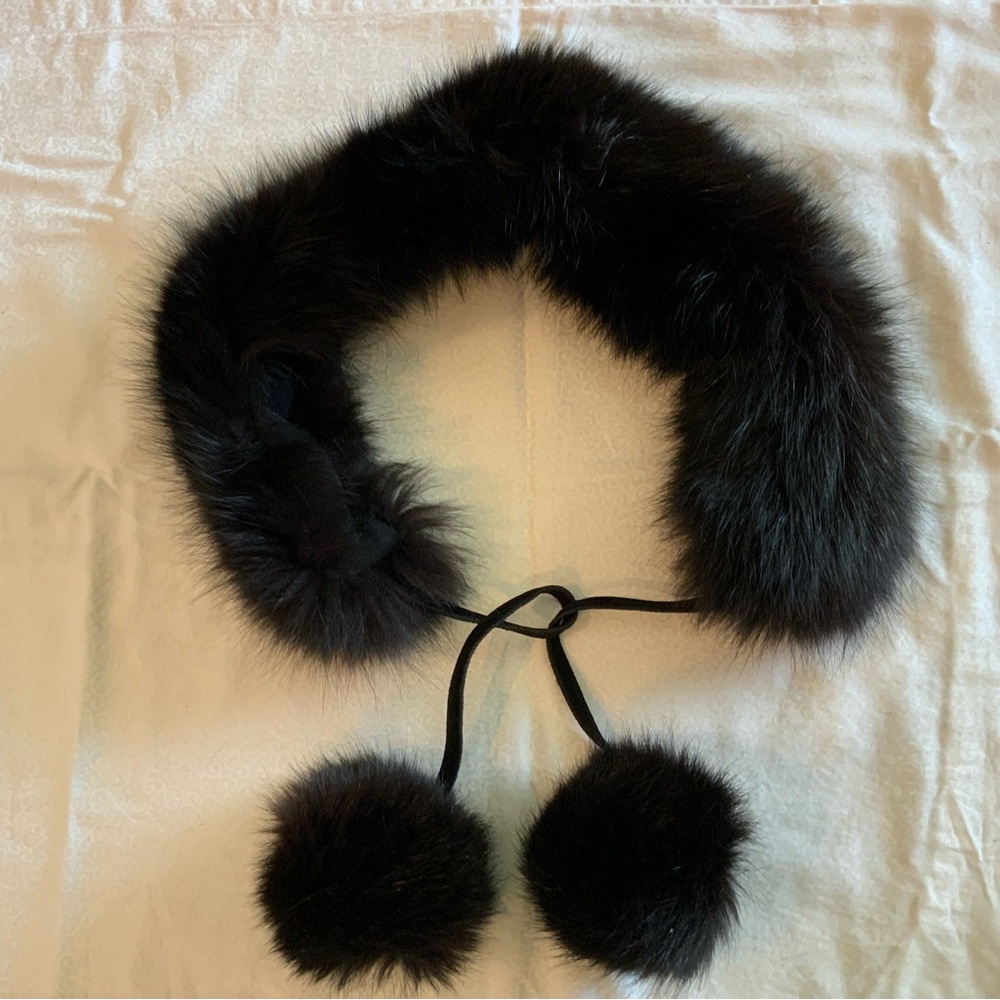Black Fox Fur Scarf Wrap With Pom Poms - Soft Real Fur Elegant Size 22”x 3”
